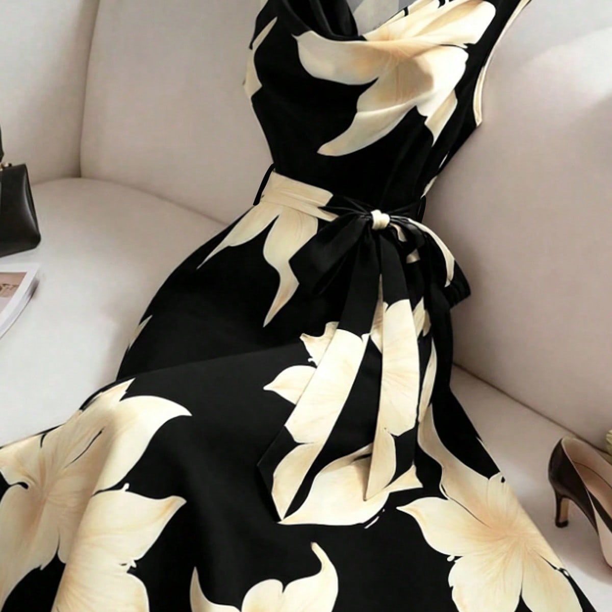 Black Floral Print Cinched Waist Mid-Length Dress, Elegant Summer Vacation Outfit, Chic Party Wear ,Petite Women