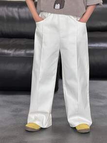 Dazy Kids Pantalones anchos de uso diario de unicolor con bolsillo, versátiles para niño preadolescente - Blanco - Ver 4