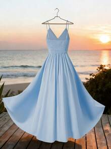 GlowEve Women's Romantic Elegant Elegant Date Solid Color Chest Ruched Waist Maxi Slip Dress, Summer - Blue - View 2