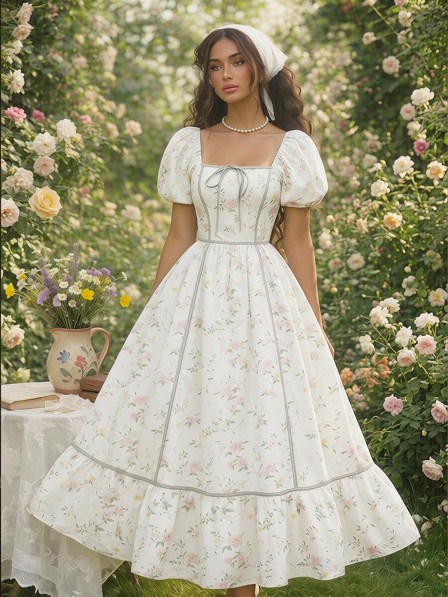 SHEIN MOD Đầm họa tiết hoa nhí phối màu, phong cách lãng mạn cho kỳ nghỉ. - Nhiều màu - Xem 1