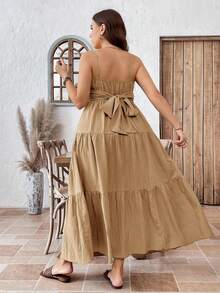 Freevana Vestido bohemio de tirantes finos en color crema amarillento, vestido largo con bordado floral dorado en la cintura acampanada, vestido holgado y favorecedorcon estilo vintage para vacaciones de verano - Caqui 2 - Ver 3