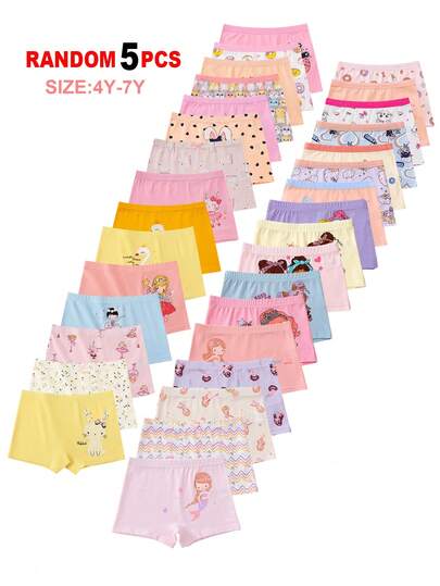 5pcs/Pack Young Girl Cartoon Horse, Rabbit, Elephant Print Assorted Color Panties