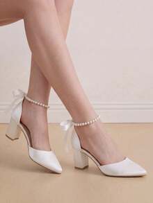 Eladyva Giày cao gót đế chunky mũi nhọn đính ngọc trai giả, màu be sang trọng, quai ngang mắt cá chân bằng satin, thích hợp cho tiệc tùng và đám cưới, thuộc bộ sưu tập Thu/Đông 2025 dành cho nữ. - Màu be - Xem 3