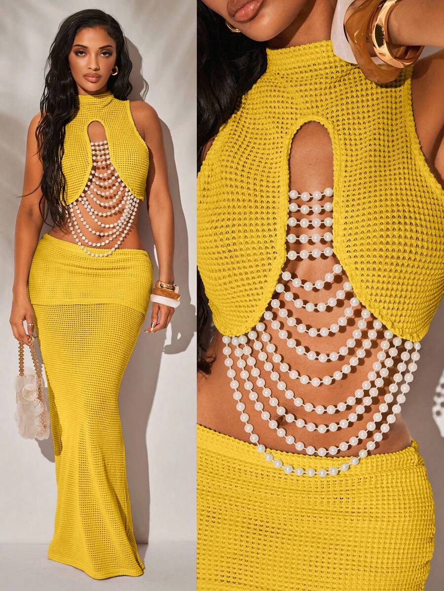 Radiana 女款芥末黃鉤編針編織海灘派對度假夜店裙套裝，珍珠裝飾比基尼外罩裙，夏季性感穿搭 - 黃色 - 查看 1