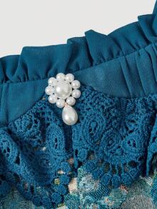 Skyraze Vintage Blue Oil Painting Print Puff Sleeve Chiffon Dress - Dusty Blue - View 6