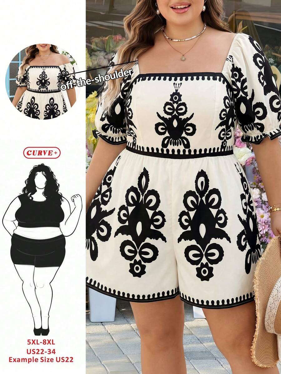 SHEIN CURVE+ Curve 尺码 US22 音乐节、海滨度假、波西米亚风女士复古蓝白碎花方领泡泡袖腰带阔腿连体裤，假日蓝白碎花连体裤 - 黑與白 - 查看 1