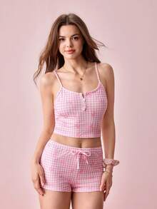 Bonmuse Pink Plaid Bow Print Decor White Button Casual Fashionable Slim Fit Pajama Setfor Summer - Pink - View 1
