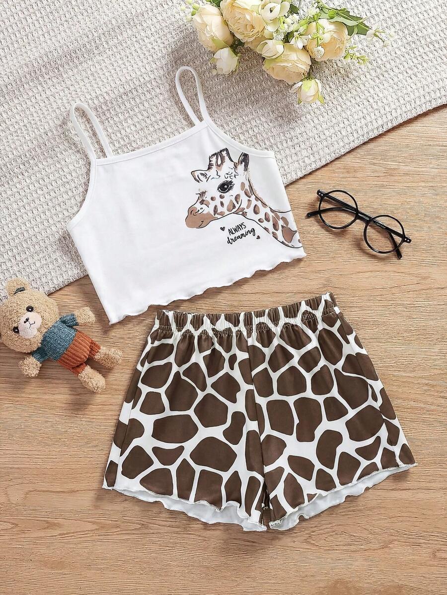 SHEIN Pijama de camiseta y pantalones cortos con estampado de jirafa para niña - Blanco - Ver 1