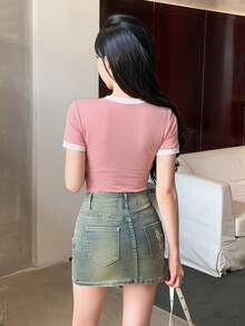 DAZY 女士撞色圆领短袖休闲百搭T恤 夏季 - 粉色 - 查看 3