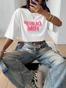Coolane Summer Outfit For Women Streetwear Going Out Casual Pink Letter Embroidered Round Neck Short Sleeve White Casual T-Shirt,Summer Top - White - View 4
