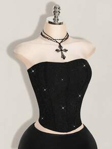 SHEIN ICON Áo camisole ôm sát, bóng bẩy, có khóa kéo dành cho nữ, thích hợp cho mùa hè. - màu đen - Xem 11