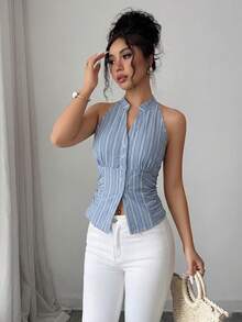 Elenzga Women's Light Blue Striped V-Neck Sleeveless Buttoned Camisole Top, Suitable For Casual Daily Wear, Spring/Summer - Blue - View 4