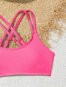 SHEIN Tween Girls Pink Bikini Sets,Girl's Summer Casual Swimwear Set,Back Crossover Top&Triangle Bottom,Beach Holiday Pool Seaside Resort Style 2pcs Set - Hot Pink - View 4