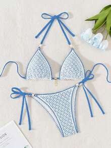 Swim Mod Bolso triangular sexy con decoración de perlas y flor de concha calada de unicolor para mujer - Neblina azul - Ver 1