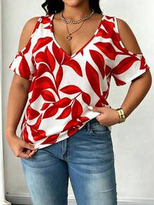 Maweii Plus Size V-Neck Off-Shoulder Short Sleeve All-Over Print Casual Shirt - Red - View 4