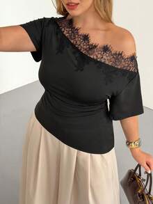 Auralis Plus Size Summer Casual Curve Elegant Solid Color Lace Patchwork Asymmetrical Shoulder Bodycon T-Shirt Trim Black For Women Off Cocktail - Black - View 7