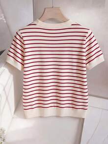 SHEIN Franclia New Striped V-Neck Short Sleeve T-Shirt For Women - Multicolor - View 2