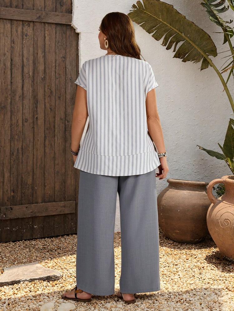 Plus Size Women Striped Short Sleeve Shirt And Wide Leg Pants Casual 2 Pieces Set Summer Outfit For Women Beach Outfits For Women Beach Outfits