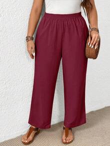 Linhara CURVE Plus Size Women Solid Color Pocket Casual Straight Leg Pants Fall - Burgundy - View 4