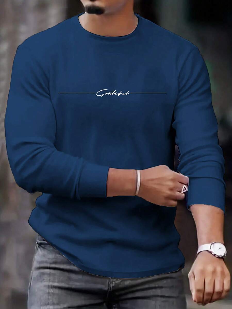 Manfinity Homme Men's Letter Print Round Neck Long Sleeve Casual T-Shirt - Royal Blue - View 1