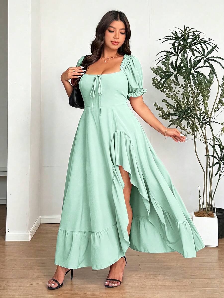 SHEIN Clasi Đầm dự tiệc thường ngày dáng suông, thắt eo, xếp ly, xẻ tà, màu trơn dành cho nữ, cỡ lớn. - Màu xanh Bạc hà - Xem 1