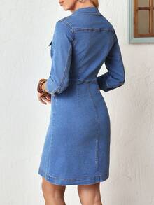 Women's Fashion Resort Button Pocket Denim Dress - Blue - View 2