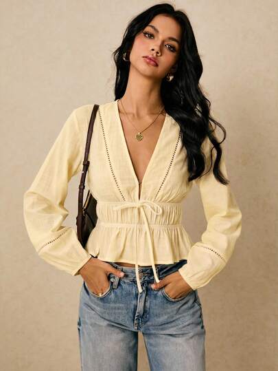 Poéselle Women's Solid Color Deep V-Neck Tie Waist Long Sleeve Casual Shirt,Summer Top