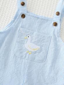 Cozy Pixies Bộ 2 món cho bé trai mùa hè, kiểu dáng thường ngày, thích hợp đi nghỉ mát và du lịch, gồm quần yếm và mũ in họa tiết vịt hoạt hình dễ thương, kẻ sọc. - Xanh và trắng - Xem 6