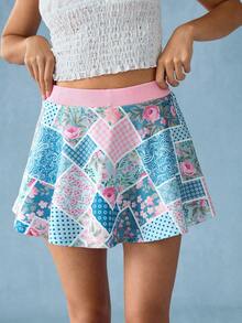 WESTFADE Patchwork Floral Print Mini A Line Skater Skirt Casual Boho, Cute, Sporty, Spring, Summer, Beach Vacation, Vacation Blue Pink - Multicolor - View 3