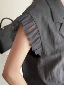 FRIFUL 女款優雅休閒風純色翻領荷葉袖雙排扣開襟西裝外套，夏季教師節辦公商務深灰色 - 灰色 - 查看 5