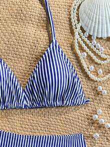 SHEIN Tween Girls Polka Dot Print Bikini Sets, 2 Pieces Swimwear, Knit Fabric, Fashionable Casual Elegant Design, Suitable For Swimming, Vacation, Summer - Blue - View 5