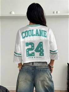 Coolane 女士V领字母数字图案休闲百搭日常T恤 - 綠色 - 查看 2