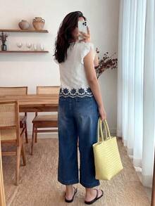 Enliva Áo blouse trắng tay ngắn thêu viền cỡ lớn thoải mái cho nữ, đa năng cho các hoạt động hàng ngày, đi làm, hẹn hò, mùa xuân/hè - trắng - Xem 3