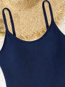 SHEIN Teen Girls Cute Modest Navy Blue Ribbed Halter One-Piece Swimsuit,Elegant Ladylike Design For Swimming,Summer,Beach,Holiday,Pool,Holiday Party - Navy Blue - View 3