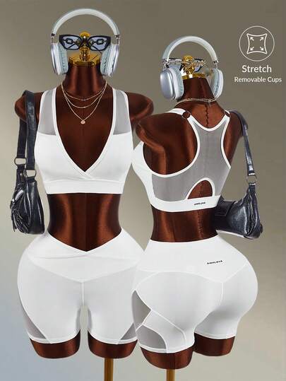 Amplova Conjunto de Roupa Esportiva Casual com Top e Shorts em Tela e Recortes para Mulheres