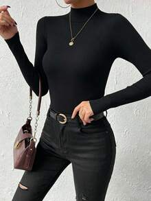 SHEIN Plus Size Women Solid Color Stand Collar Long Sleeve Slim Fit Top Gym Brown Autumn - Black - View 5