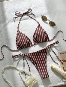 Swim Mod 女士夏季沙滩条纹挂脖系带性感比基尼泳装套装，随机印花 - 彩色 - 查看 1