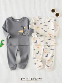 Cozy Pixies 男嬰 4件/套可愛動物印花修身套頭上衣與休閒百搭長褲套裝盲盒，2套 - 彩色 - 查看 8