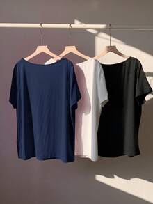 SHEIN EZwear 3 peças/Conjunto Camisetas Básicas de Manga Curta, Gola V, Macias e Casuais, Branco + Preto + Azul Marinho, Plus Size para Primavera e Verão - Azul Marinho - Visão 2