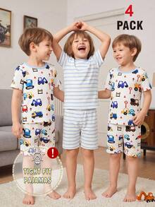 SHEIN 4pcs/Set Piyama Anak Laki-Laki Motif Kartun Mobil Lucu, Pas Badan, Kasual, Pakaian Rumah Musim Panas - MultiWarna - View 3
