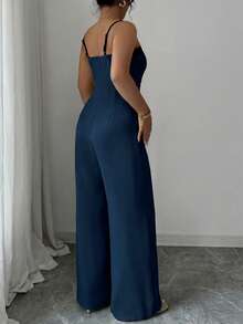 Elenzga Mono informal de pierna recta de talla grande con contraste de color para mujeres - Agua verde azul - Ver 2