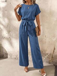 SHEIN Clasi Bộ jumpsuit nữ kiểu dáng giản dị, tối giản, màu trơn, chất liệu móc len, tay cánh dơi, có thắt lưng, thích hợp cho kỳ nghỉ xuân/hè. - Màu xanh lam - Xem 8