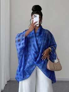 Plusstorlek Dam Lös Fashionabla Twist Collar Blus - Marinblå - Visa 4