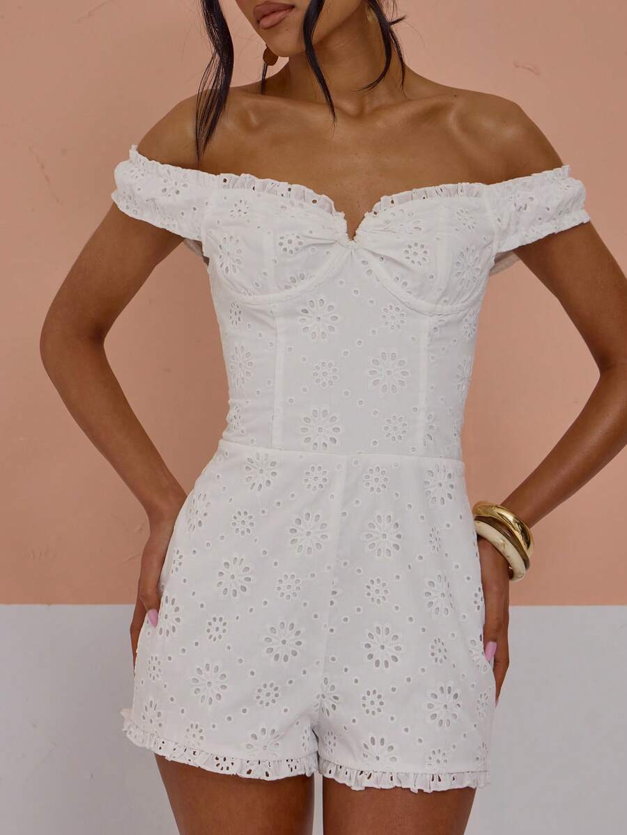 MUSERA Bara Axlar Rynkad Byst Volangkant Broderad Playsuit Sexig Söt Vår Sommar Semester Semester Utekvällning Flickigt Cool Tjej Sen Utcheckning - Vitt - Visa 1