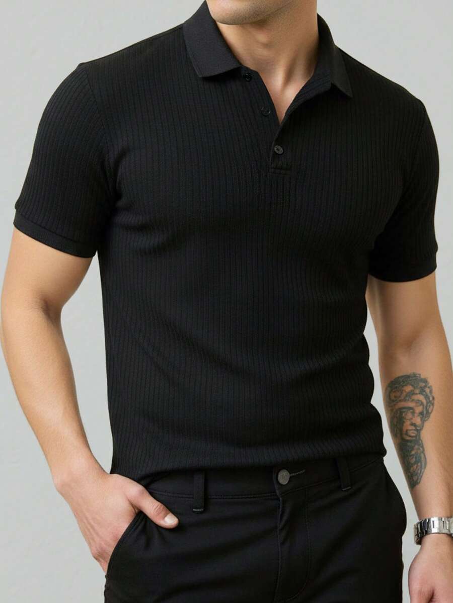 Manfinity Mode Men's Short Sleeve Textured Fabric Polo Shirt, Suitable For Office, Outings And Gatherings - Black - View 1