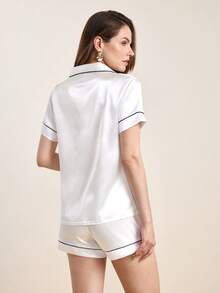 Hourtrue Contrast Piping Satin PJ Set / Pajama Set White Set - White - View 2