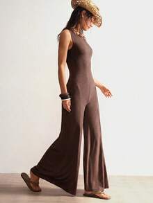 Bohemela Solid Color Knit Backless Sleeveless Wide Leg Jumpsuit For Women - Coffee Brown - View 6