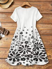 EMERY ROSE Casual Comfortable Floral Print Short Sleeve Plus Size Dress, Suitable For Daily, Vacation, And Outdoor Wear - White - View 2