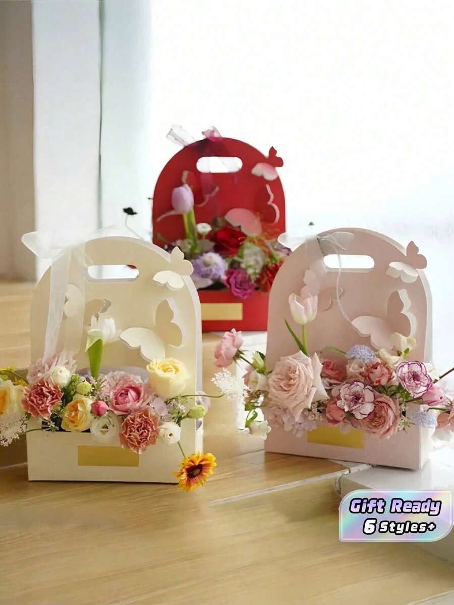 1/3/5 PCS Handheld Flower Bouquet Box Paper Bowknot Gift Box Floral Arrangement Holder Wrapping Packaging Container For Mother Day Valentine Wedding Teacher Appreciation Party Favor Decoration - gift box - View 1