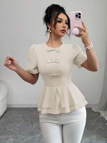 Selianne 女款休閒優雅度假通勤純色圓領收腰雙層A字版泡泡袖襯衫，附3D蝴蝶結裝飾，粉紅色 - 杏色 - 查看 5